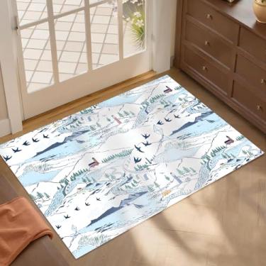 Imagem de Tapete de área lavável vintage tapete fino dobrável tapete antiderrapante antiderrapante tapete com estampa floral quarto sala de estar (branco/azul, 5 cm x 7,6 cm)