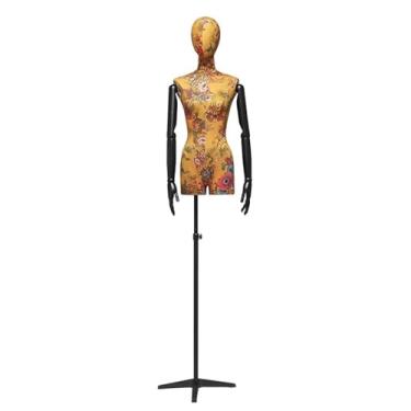 Imagem de Mannequin Torso de manequim feminino com suporte e cabeça, 59-83" de altura, corpo ajustável com tripé, suporte de metal, braço de madeira maciça(Yellow)