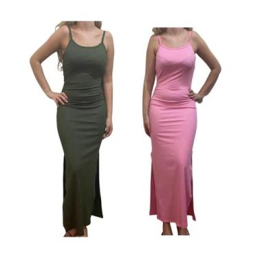 Imagem de KIT C/2 Vestidos Longo Canelado com Fenda - Emporio J, Militar, Rosa b