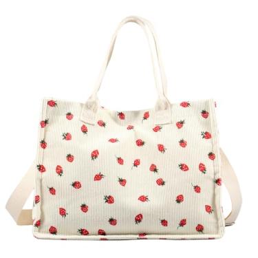 Imagem de PHWRECZ Sacola linda bolsa feminina remendada de morango de tecido de grande capacidade bolsa sacola durável, Branco, Large