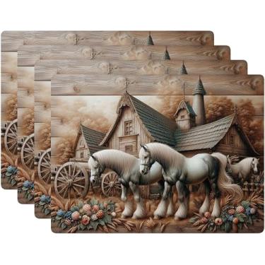 Imagem de Conjunto de 4 jogo americano com suporte de cortiça, design de decoração de mesa de jantar e cozinha 30,5 x 40,6 cm (estábulos de cavalo)