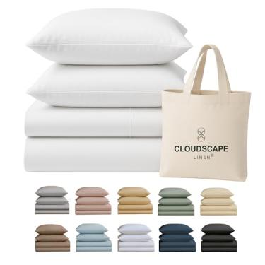 Imagem de Conjunto de lençóis Cloud Scape Linen 100% algodão egípcio 4 peças California King, 400 fios, qualidade hoteleira, sedoso, macio, respirável, durável, bolsos profundos até 17, branco