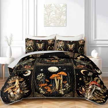 Imagem de HOSIMA Bohemia King Colcha de verão com estampa de flores de cogumelos leves, estampa de borboleta, xadrez, retalhos, sol e lua, roupa de cama floral boho para decoração de quarto adulto com 2 fronhas