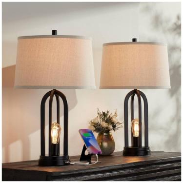 Imagem de Kit 2 Luminárias de Mesa Vintage em Metal e Abajur de Tecido, 360 LIGHTING 35K12, Preto
