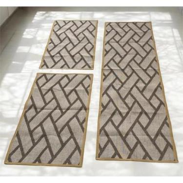 Imagem de Kit Tapete Cozinha Passadeira 3 Peças Base Antiderrapante(Modelo M14 Tijolo Marrom)