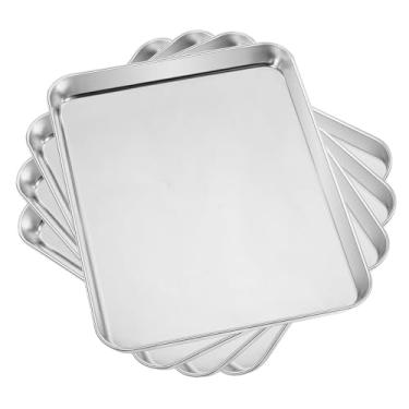 Imagem de Conjunto de 4 assadeiras de utensílios de cozinha para iododo, bandeja de aço inoxidável de metal, polimento espelhado e lavável na lava-louças, não tóxico e saudável, livre de ferrugem e fácil de limpar, Prata, 12.25 x 9.65 x 1 inch, 4