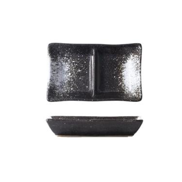 Imagem de Recipiente de caixa de lanche prato de molho de soja de cerâmica de grade dupla para churrasco tempero prato de mergulho dividido pratos de refeições de sushi (preto e branco)