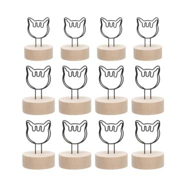 Imagem de Porta-cartões de Natal, base de madeira com formas de presente de árvore de estrela, pacote com 12 clipes de foto para decoração de mesa de festa de fim de ano (suporte de foto de cabeça de gato)