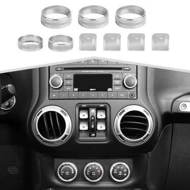 Imagem de Amayum 9 peças de console central AC botão interruptor de controle de janela painel adequado para Jeep Wrangler JK JKU 2012-2018 kit de anel de botão de volume de rádio, prata