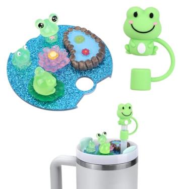 Imagem de Berloques luminosos de tampa de copo de sapo para garrafa Stanley de 850 g, com tampa de palha de silicone de sapo fofo que brilha no escuro, tampa de copo faça você mesmo para acessórios de pingentes