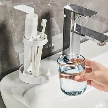 Imagem de Conjunto de armazenamento de escova de dentes e pasta de dente à prova de poeira, organizador de copos de enxaguante bucal de banheiro de plástico com base lavável (azul)