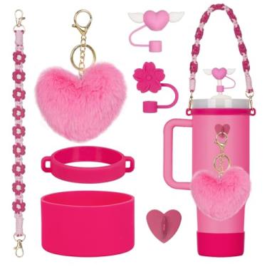 Imagem de Rabrgab Conjunto de 7 peças de acessórios de copo Stanley rosa paixão com alça de alça, tampa de cobertura de palha de coração de amor/flor, bota de silicone, pingentes de coração de amor para garrafa