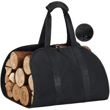 Imagem de XIAOMAIDAM Porta-lenha, bolsa de lenha de tecido Oxford impermeável, grande porta-troncos para lenha, armazenamento de acessórios de lareira, transportador de madeira confortável com alças, suporte de