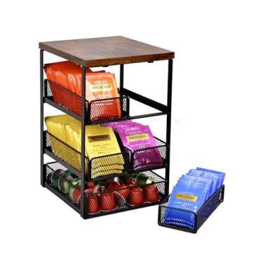 Imagem de Organizador de saquinhos de chá com 5 gavetas, organizador de chá de madeira e metal para saquinhos de chá, cápsulas de café, cremes e açúcar – Suporte de saquinho de chá de bancada para cafeteria e