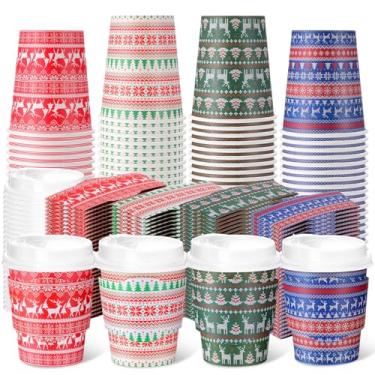 Imagem de Mimorou Conjunto de 48 xícaras de café descartáveis de Natal com tampas e mangas a granel 227 g suéter de Natal feio copo de papel copos de Natal para café quente cacau bar decoração de festa