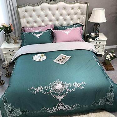 Imagem de Jogo de cama 80S algodão de fibra longa cetim ultra conjunto de capa de edredom azul conjunto de lençóis de cama fronhas cor 3 tamanho queen 4 peças