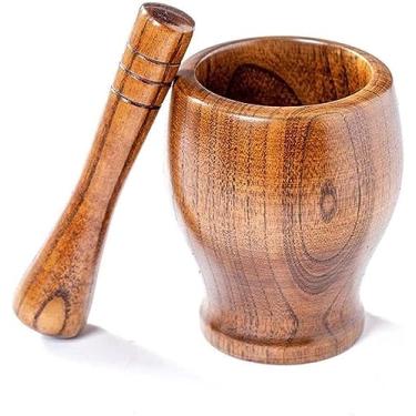 Imagem de WUHUQN Conjunto de almofariz e pilão, almofariz e pilão de plástico com design de bambu, conjunto para moer e esmagar alho, pílula de ervas, especiarias, pimentas esmagando sementes de gergelim