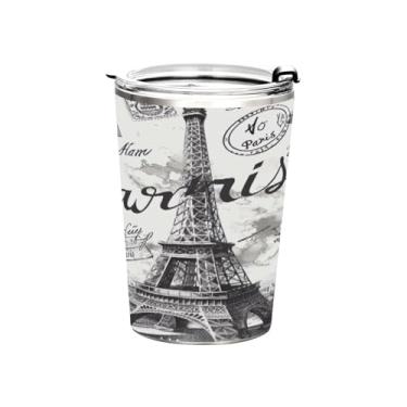 Imagem de Blueangle Copo de 340 g com tampa e canudo, copo de café com água isolada a vácuo de aço inoxidável, caneca de viagem da Torre Eiffel, copo térmico para bebidas quentes e frias (621)