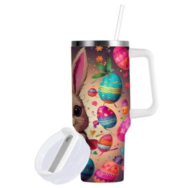 Imagem de Blueangle Copo de coelho da Páscoa de 850 g com alça e tampa de palha, copo isolado reutilizável de aço inoxidável garrafa de água caneca de viagem (324)