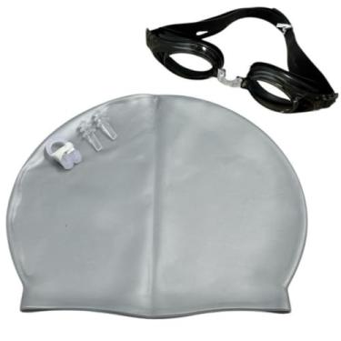 Imagem de Touca de Silicone，Kit De Natacao com Touca Silicone E Oculos Para jovens E Adultos(Cinza(touca)+Preto(óculos))