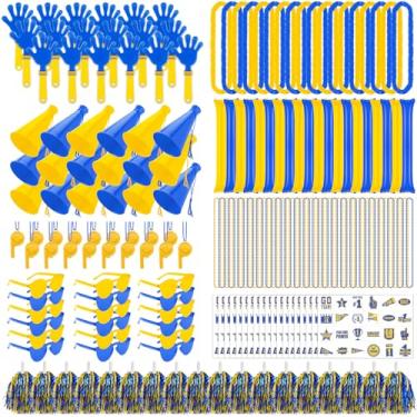 Imagem de Soulchen 540 peças amarelo azul escola espírito de equipe acessórios a granel Team Spirit Day sortido vara de trovão apito apito de mão megafone líder de torcida pom pom óculos colar glitter adesivo
