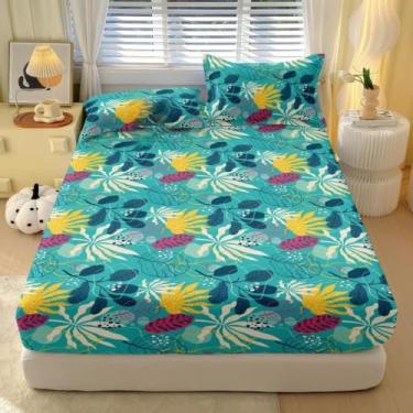 Imagem de Jogo de Lençol com Elástico Estampado Tropical 400 Fios Para Cama Solteiro Casal Queen Micropercal Estampado(Tropical Azul,CASAL 3 Peças)