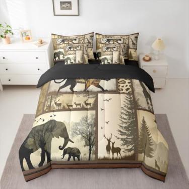 Imagem de Feelyou Conjunto de edredom de animais de safári africano com 7 peças, solteiro, elefante selvagem, girafa selvagem, leopardo, para crianças, meninos, meninas, rústico, campo, decoração de quarto