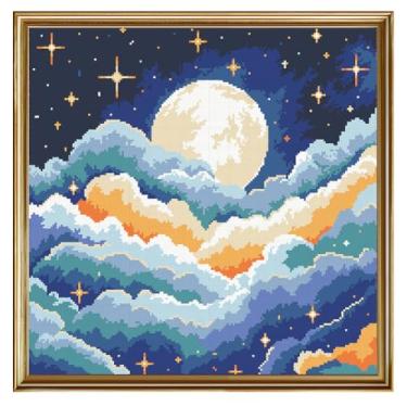 Imagem de FREEBLOSS Kit de ponto cruz estampado 11CT para adultos iniciantes com instruções nebulosa céu noturno padrão ponto cruz kit de pendurar na parede bordado decoração de parede sem moldura 45,7 x 45,7