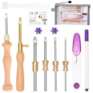 Imagem de Pllieay Kit de agulhas de perfuração para bordado artesanal - Conjunto de 10 agulhas ajustáveis com 5 tamanhos de agulhas, passador, tesoura e bolsa de armazenamento - Kits de agulhas de perfuração