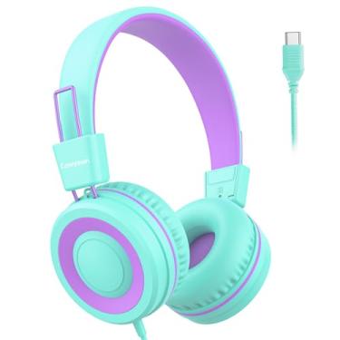 Imagem de Cowyawn Fones de ouvido infantis USB tipo C para escola, fones de ouvido infantis com fio, volume limitado de 94 dB, som estéreo HD, fones de ouvido dobráveis e leves com fio para