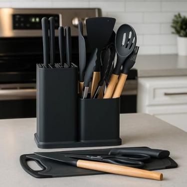 Imagem de Kit Utensílios de Cozinha Premium, 19 Peças, Silicone e Madeira de Faia, Conjunto com Facas, Espátulas, Colheres, Suporte Organizador e Tábua de Corte, Preto