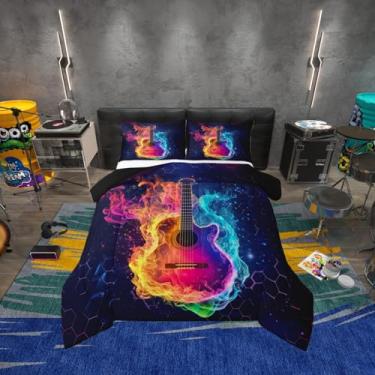 Imagem de Erosebridal Conjunto de edredom colorido de guitarra chama, tema musical, solteiro, entusiastas da música, colmeia hexágono, preto, edredom para crianças e adultos