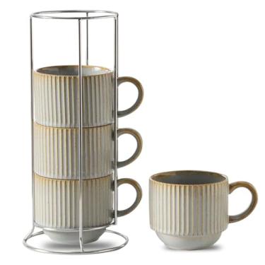 Imagem de HASENSE Conjunto de 4 canecas de café de cerâmica com suporte - Conjunto de 4 xícaras de café com nervuras de porcelana grande empilhável de 425 g para cappuccino, chá, cacau quente, bebidas - Seguro