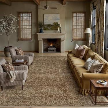 Imagem de HUGEAR Tapete de área 20 x 25 tijolo vermelho lavável na máquina tapetes de sala de estar envelhecido vintage floral aspirável tapete baixo quarto escritório sala de jantar lavanderia antiderrapante