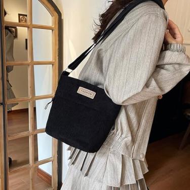 Imagem de Bolsa de ombro de veludo cotelê, bolsa quadrada de cor sólida com tecido texturizado, bolsa tiracolo feminina vintage, Preto, Medium, Mochila casual