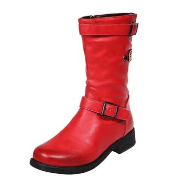 Imagem de Unifizz Bota feminina fechada de bico redondo, fivela lateral, zíper lateral, salto plano, cano médio, Vermelho, 39