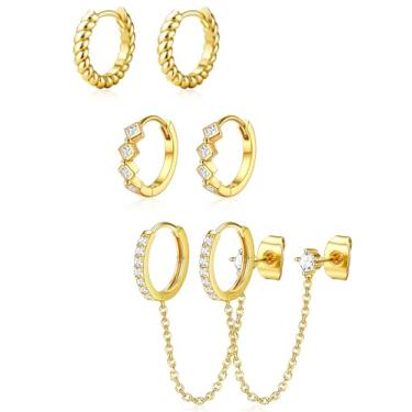 Imagem de ZELORES 3 pares de brincos de argola banhados a ouro 14K para mulheres, conjunto de brincos de argola com pingente de corrente moderna, cartilagem de hélice, brincos para vários piercings, Cobre