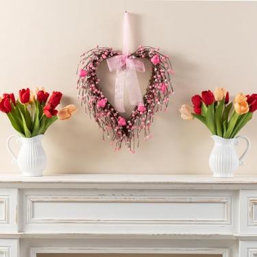 Imagem de Glitzhome Guirlanda de Dia dos Namorados 43 cm em forma de coração com baga rosa e coração para porta da frente para decoração de aniversário de casamento