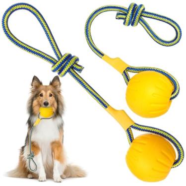 Imagem de Hsei 2 peças de bola grande com cordão para cães de borracha EVA bola de corda amarela brinquedo flutua na água para animais de estimação interativos buscar arremessar, treinar, mastigar, trabalhar