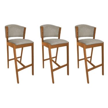 Imagem de Kit 3 Banquetas Altas De Madeira Maciça Ana Em Linho Premium Bege Linho Cerejeira