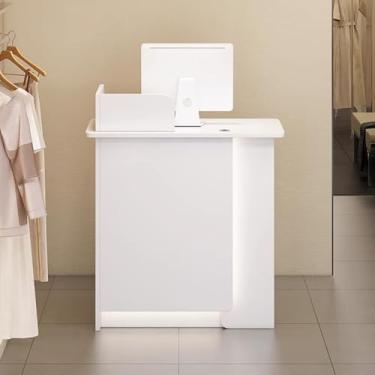 Imagem de Balcão de recepção, balcão de caixa de varejo com luzes LED, mesa de recepção para salão de beleza, com gaveta com trava moderna balcão de varejo para salão de beleza e supermercado (Wh