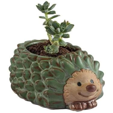 Imagem de WENDIN Lindo vaso de cerâmica para suculentas, pequeno vaso interno em forma de animal, lindos vasos de flores de cacto com drenagem para mesa de escritório e decoração de jardim doméstico (ouriço)