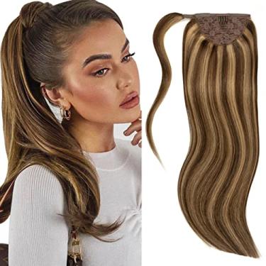 Imagem de Lacer Extensão de rabo de cavalo de cabelo real, ombré, chocolate marrom a caramelo, extensões de rabo de cavalo loiro, cabelo humano, longo, liso, enrolado, rabos de cavalo, para mulheres, 56 cm, 90
