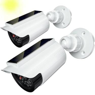 Imagem de WALI Câmera falsa falsa, alimentada por energia solar, câmera de segurança falsa com luz LED, para câmeras de vigilância simulada de segurança CCTV domo com adesivo de aviso (SOLTC-W2), 2 pacotes