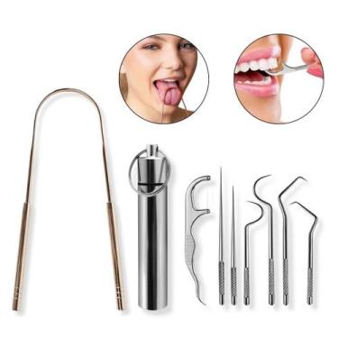 Imagem de Kit 7 Instrumentos Inox Removedor Tártaro Raspador Língua Higiene Dent