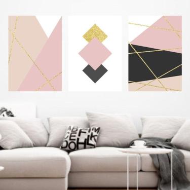 Imagem de Kit 3 Quadros Decorativos Geométrico Rosa e Preto II