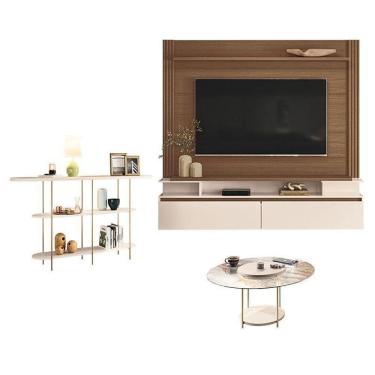 Imagem de Home Suspenso Astor Castanho Off White E Mesa De Centro Sky Com Tampo De Vidro E Aparador Infinity Off White - Hb Móveis