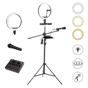 Imagem de Kit Gravação LiveStreaming Ring Light com Microfone, Mixer e Tripé para Smartphone