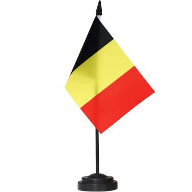 Imagem de Conjunto de bandeiras de mesa ANLEY Belgium Deluxe - Bandeira belga em miniatura para mesa de 6 x 4 "com pólo sólido de 12" - cores vivas e resistente ao desbotamento - base preta e topo em forma