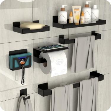 Imagem de Kit Acessórios Para Banheiro Preto Ventosa Adesivo 7pçs ELG